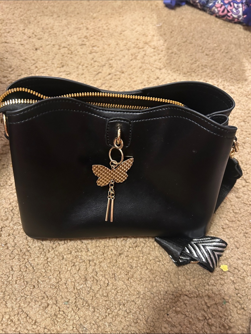 Black Women's Crossbody Bag with Gold Butterfly Charm